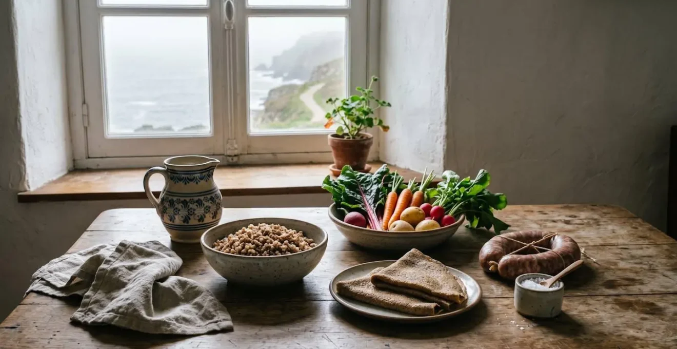 Table en bois dressée avec un assortiment de spécialités culinaires bretonnes évoquant le terroir et la tradition maritime