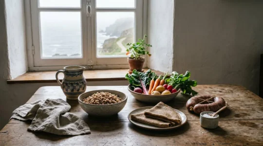 Table en bois dressée avec un assortiment de spécialités culinaires bretonnes évoquant le terroir et la tradition maritime