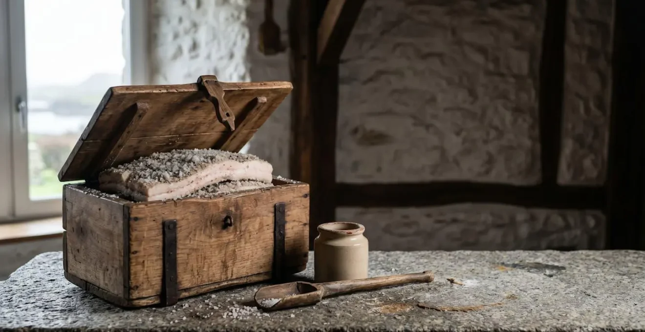 Bloc de graisse salée traditionnelle breton pose sur une planche en bois dans une cuisine baignee de lumiere naturelle cotiere