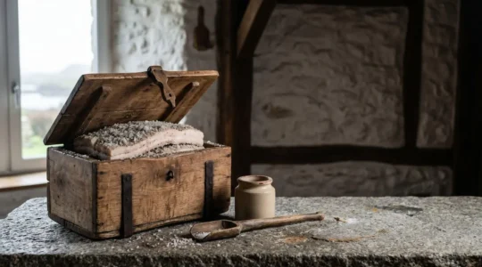 Bloc de graisse salée traditionnelle breton pose sur une planche en bois dans une cuisine baignee de lumiere naturelle cotiere