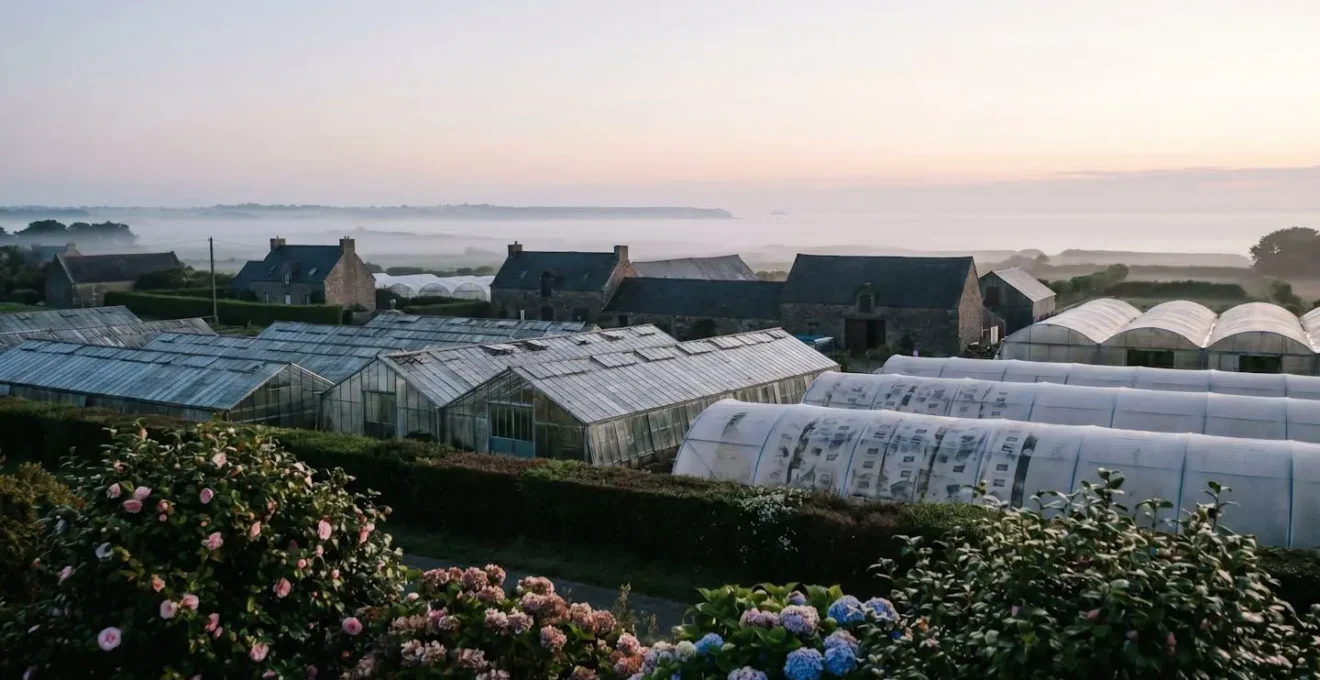 Vue panoramique d'une exploitation horticole bretonne avec serres et haies bocagères sous une lumière douce