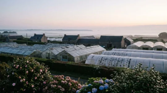 Vue panoramique d'une exploitation horticole bretonne avec serres et haies bocagères sous une lumière douce