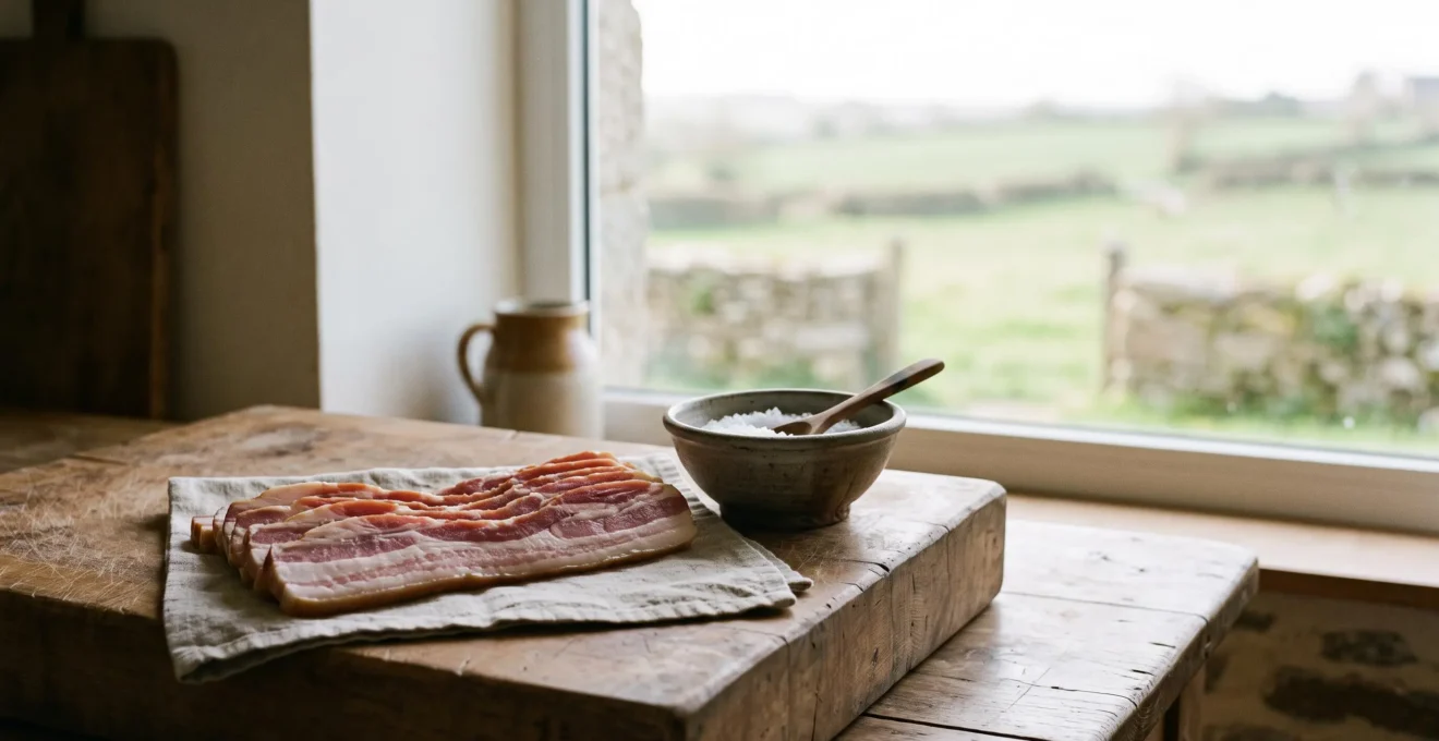 Gros plan artisanal sur des lardons fermiers bretons entrelardés posés sur une planche en bois brut, évoquant le terroir et la qualité paysanne