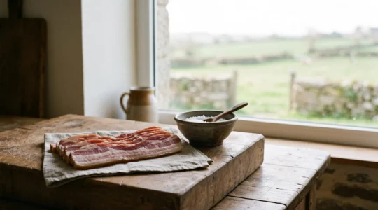 Gros plan artisanal sur des lardons fermiers bretons entrelardés posés sur une planche en bois brut, évoquant le terroir et la qualité paysanne
