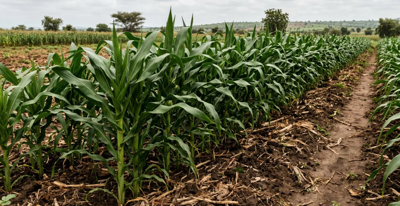 Ligne de plants de maïs vigoureux au feuillage vert foncé dense, cultivés sur un sol enrichi avec résidus organiques visibles en surface, dans une exploitation ouest-africaine.