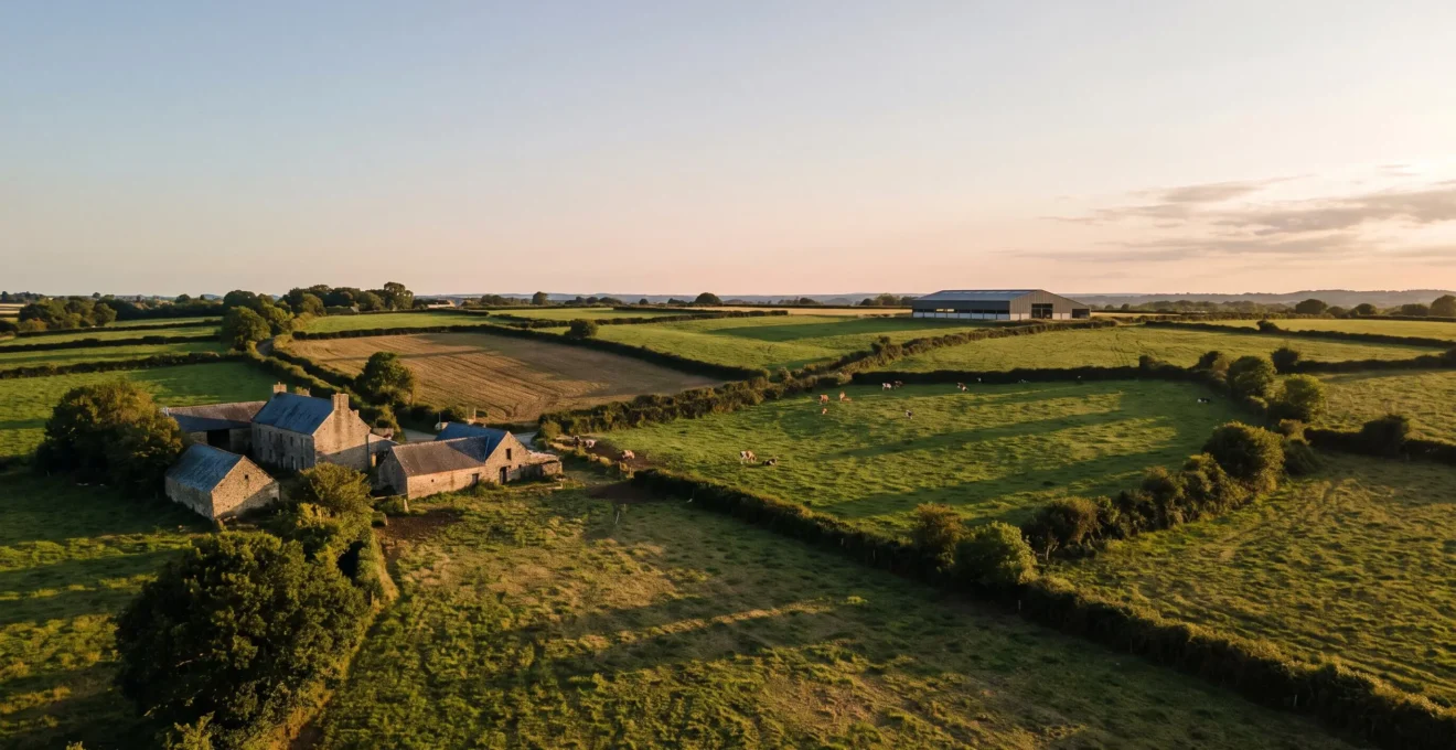 Vue aérienne d'un paysage agricole breton composé de parcelles bocagères, de prairies et de bâtiments d'élevage illustrant la diversité des exploitations