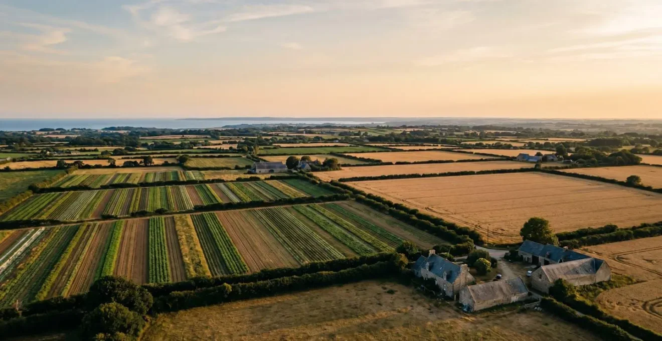 Vue aérienne d'un paysage agricole breton montrant la mosaïque de parcelles de légumes et de céréales séparées par des haies bocagères