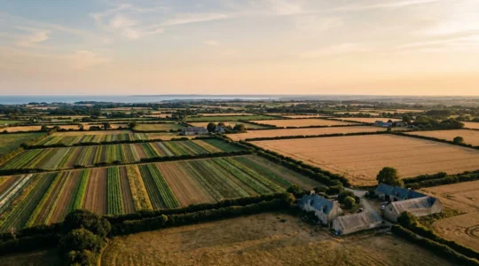 Vue aérienne d'un paysage agricole breton montrant la mosaïque de parcelles de légumes et de céréales séparées par des haies bocagères