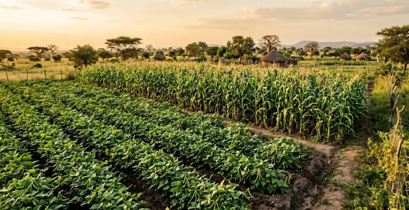 Parcelle agricole africaine montrant deux cultures côte à côte : niébé au premier plan et maïs en arrière-plan, illustrant la rotation culturale sur petite exploitation