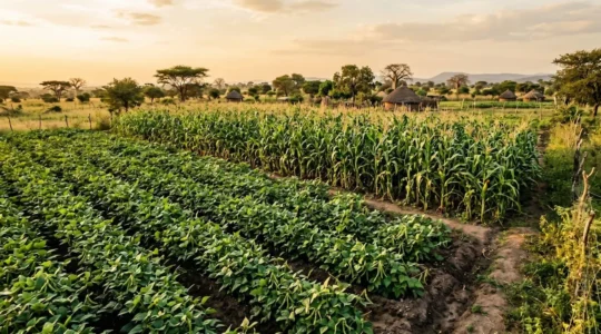 Parcelle agricole africaine montrant deux cultures côte à côte : niébé au premier plan et maïs en arrière-plan, illustrant la rotation culturale sur petite exploitation