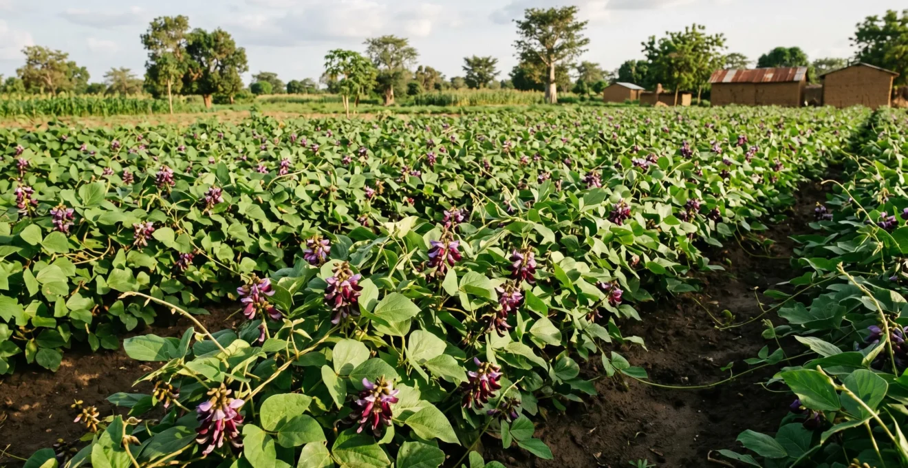 Parcelle agricole densément couverte de légumineuses en fleurs violettes (Mucuna pruriens) au stade de pleine croissance, dans un paysage agricole ouest-africain.