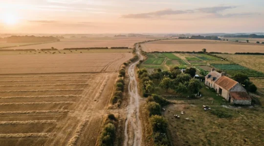 Vue aérienne d'un paysage agricole breton en damier, symbolisant la question de la part de production locale dans l'alimentation régionale