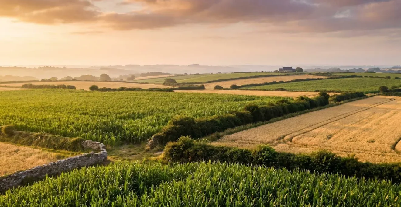 Vue panoramique d'un paysage agricole breton mêlant parcelles de maïs et de blé entourées de haies bocagères sous une lumière douce