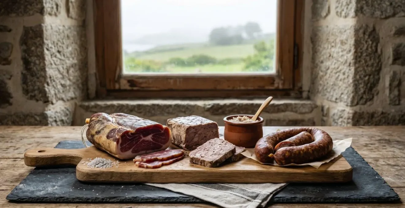 Assortiment de charcuteries artisanales bretonnes disposé sur une planche en bois brut, éclairé par une lumière naturelle côtière du Finistère