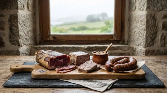 Assortiment de charcuteries artisanales bretonnes disposé sur une planche en bois brut, éclairé par une lumière naturelle côtière du Finistère