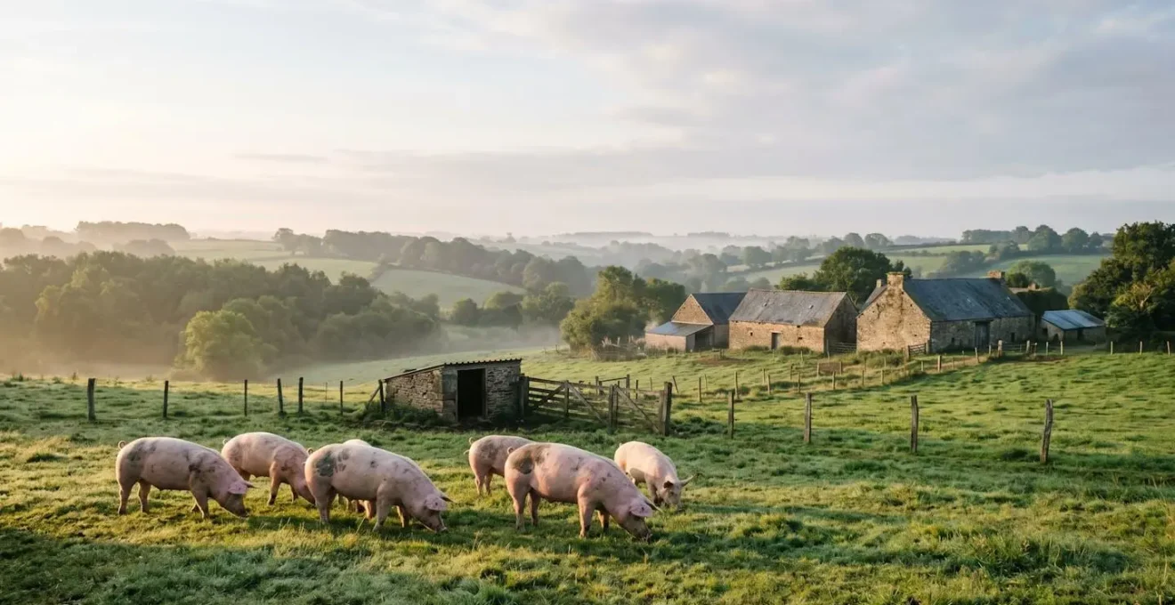 Élevage de porcs bretons en plein air dans un paysage agricole vallonné au lever du jour