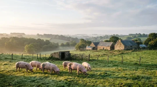 Élevage de porcs bretons en plein air dans un paysage agricole vallonné au lever du jour