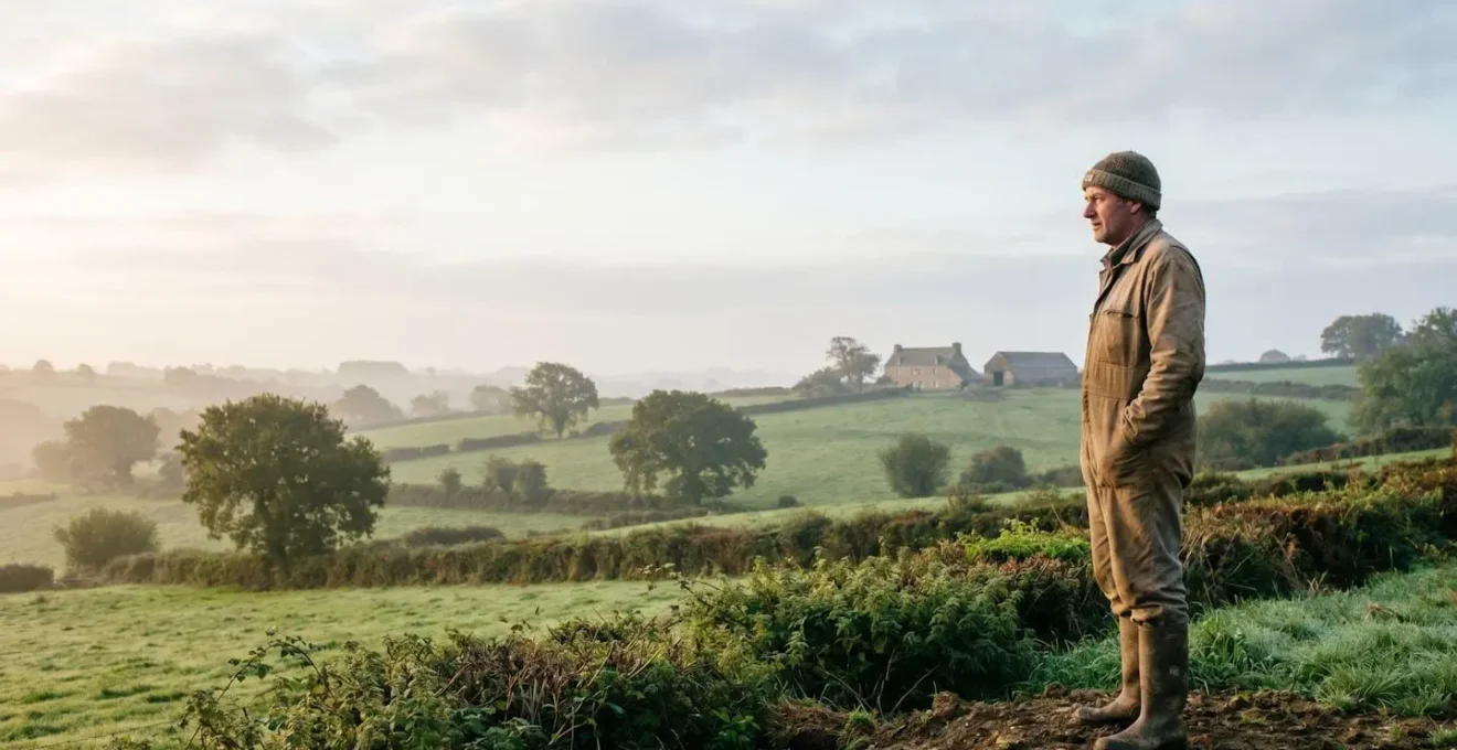 Agriculteur breton debout face à un paysage de bocage vallonné à l'aube, symbole des défis et de la transmission de l'agriculture en Bretagne