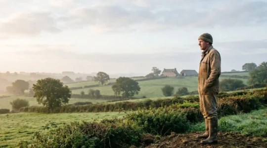 Agriculteur breton debout face à un paysage de bocage vallonné à l'aube, symbole des défis et de la transmission de l'agriculture en Bretagne