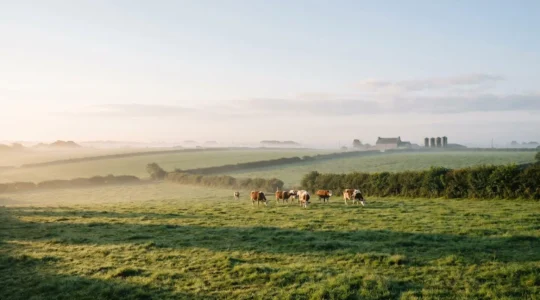Vaches laitières broutant une prairie verdoyante en Bretagne au petit matin, symbolisant la gestion du fourrage tout au long de l'année