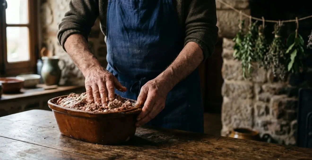 Mains d'un artisan charcutier façonnant un pâté traditionnel dans une ferme en pierre du Finistère
