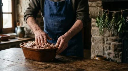 Mains d'un artisan charcutier façonnant un pâté traditionnel dans une ferme en pierre du Finistère