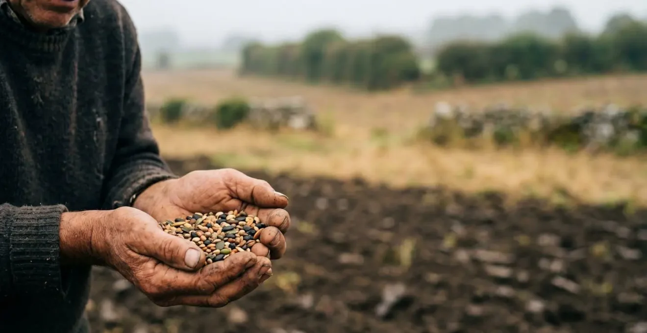Mains d'agriculteur tenant des graines biologiques au-dessus d'un champ breton brumeux au lever du jour