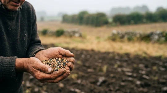 Mains d'agriculteur tenant des graines biologiques au-dessus d'un champ breton brumeux au lever du jour