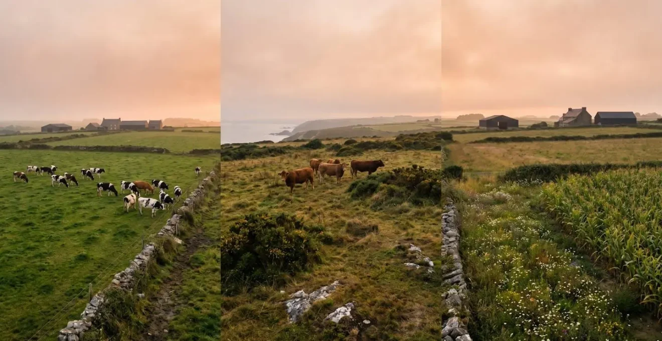 Vue panoramique d'un paysage breton montrant trois parcelles distinctes illustrant les modèles d'élevage bovin laitier, allaitant et hybride