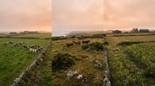 Vue panoramique d'un paysage breton montrant trois parcelles distinctes illustrant les modèles d'élevage bovin laitier, allaitant et hybride