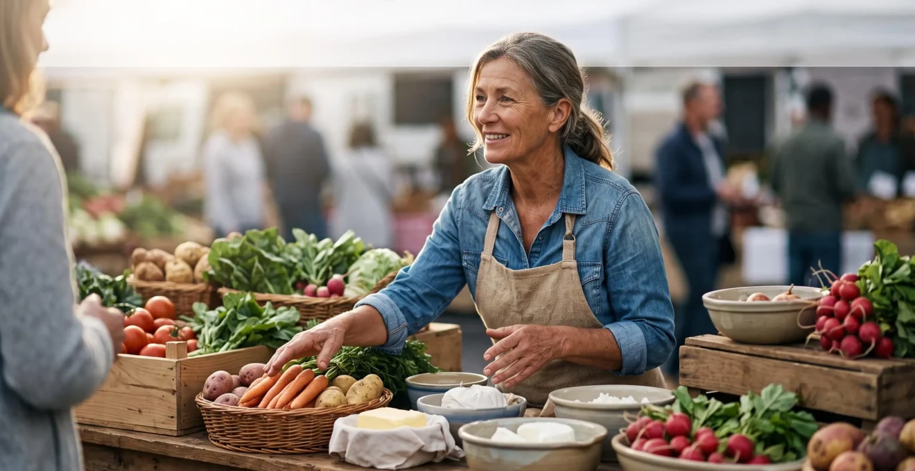 Agriculteur souriant présentant ses produits fermiers frais lors d'une vente directe en plein air