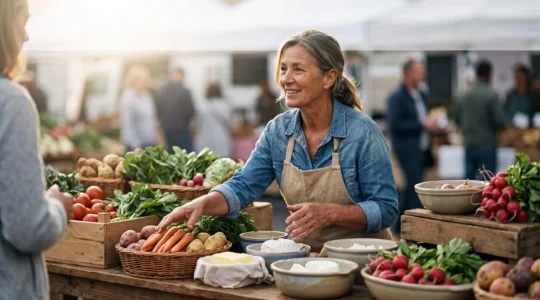Agriculteur souriant présentant ses produits fermiers frais lors d'une vente directe en plein air