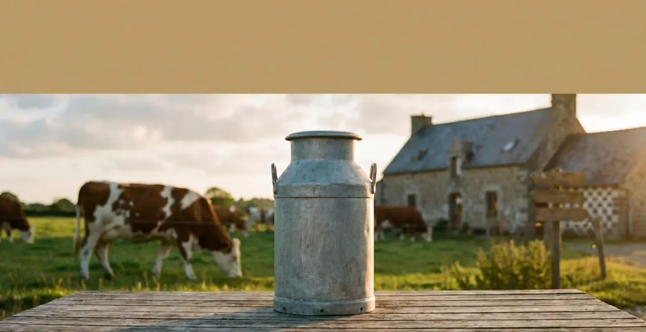 Bidon de lait traditionnel breton en premier plan sur une ferme, symbolisant l'equilibre entre savoir-faire paysan et valorisation economique