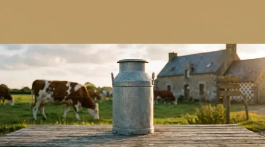 Bidon de lait traditionnel breton en premier plan sur une ferme, symbolisant l'equilibre entre savoir-faire paysan et valorisation economique
