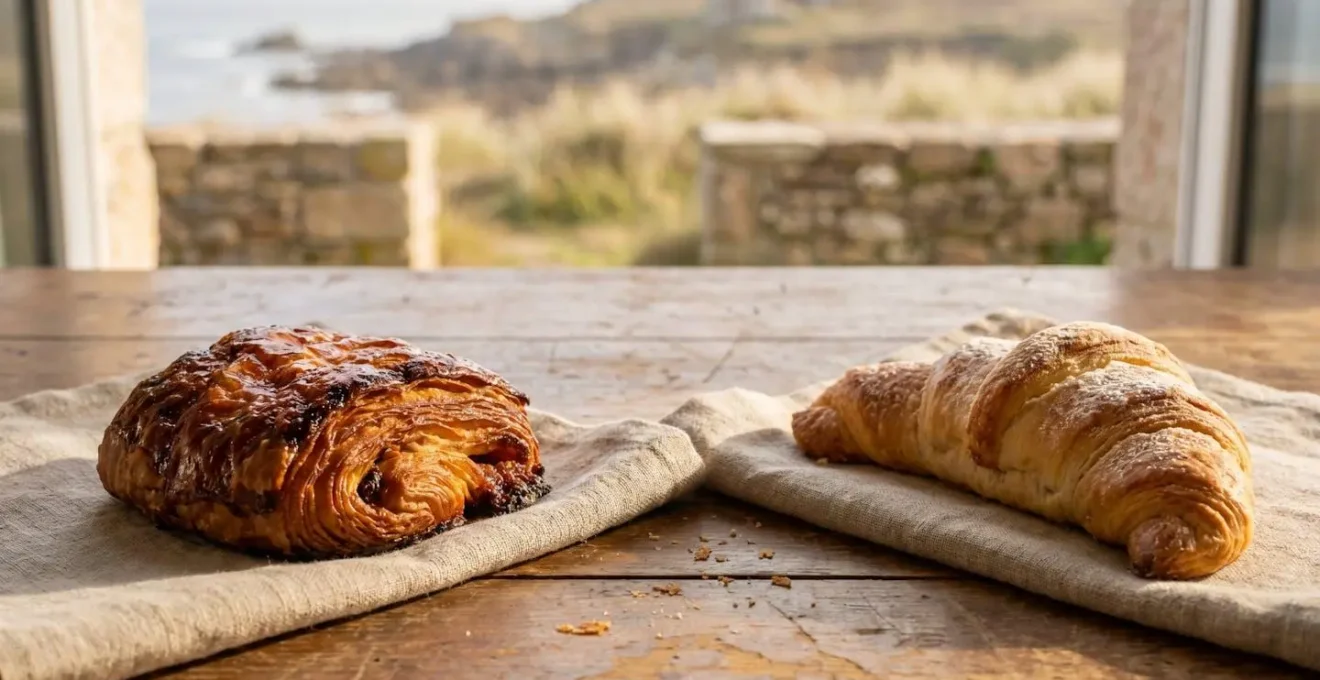 Kouign-amann dore et feuillete caramelise dispose a cote de croissants classiques, mettant en valeur le contraste des textures et du terroir breton