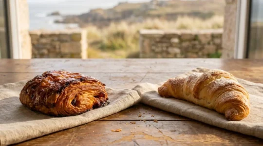 Kouign-amann dore et feuillete caramelise dispose a cote de croissants classiques, mettant en valeur le contraste des textures et du terroir breton