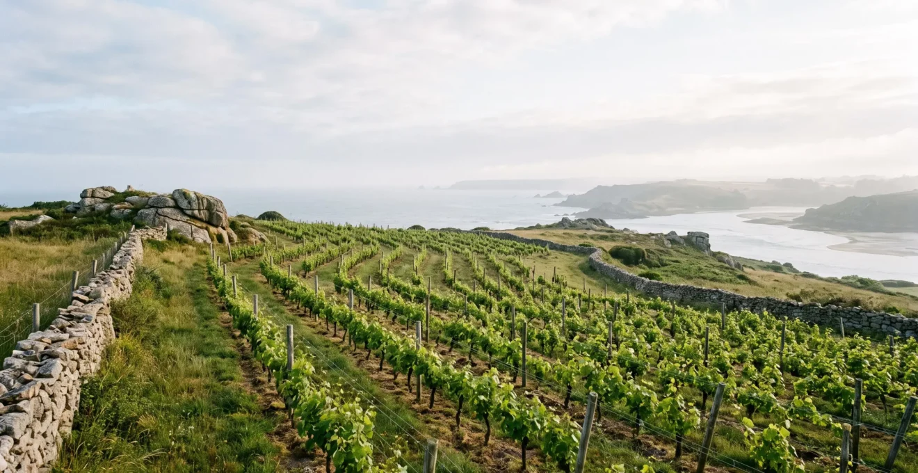 Rangées de vignes bretonnes surplombant la cote atlantique sous une lumiere douce et brumeuse