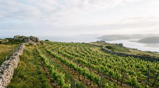 Rangées de vignes bretonnes surplombant la cote atlantique sous une lumiere douce et brumeuse