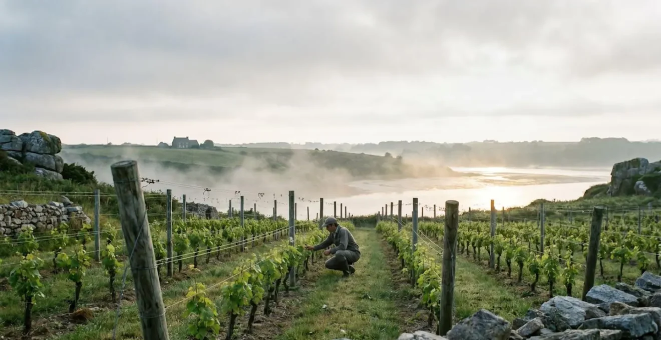 Rangées de vignes surplombant une ria bretonne au lever du soleil, illustrant l'essor de la viticulture en Bretagne