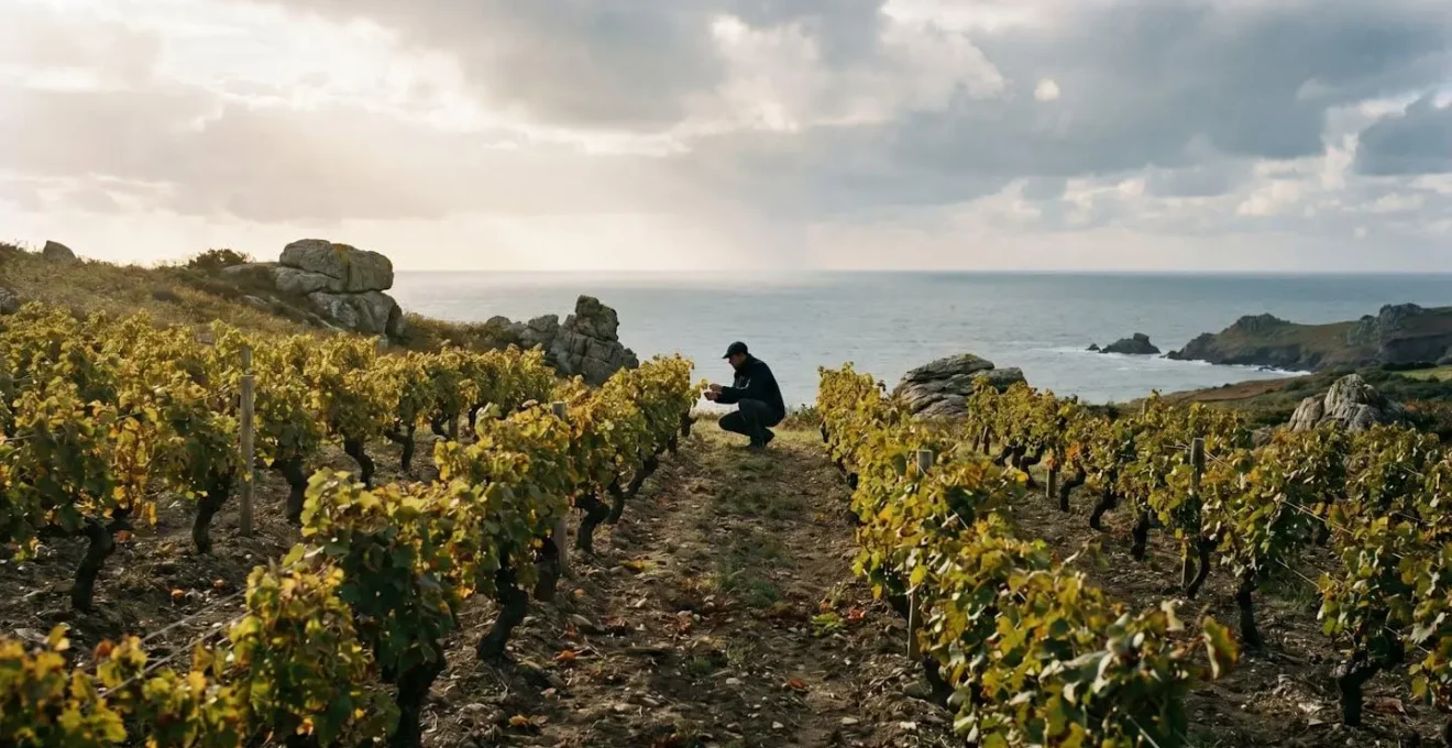 Rangs de vigne sur un coteau breton face a l'ocean, sous un ciel changeant typique du climat atlantique