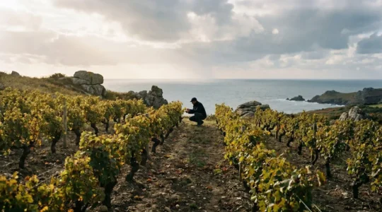 Rangs de vigne sur un coteau breton face a l'ocean, sous un ciel changeant typique du climat atlantique