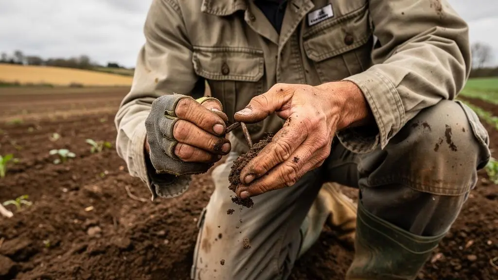 Mains d'agriculteur effectuant le test du boudin de terre pour évaluer l'humidité du sol avant décompactage
