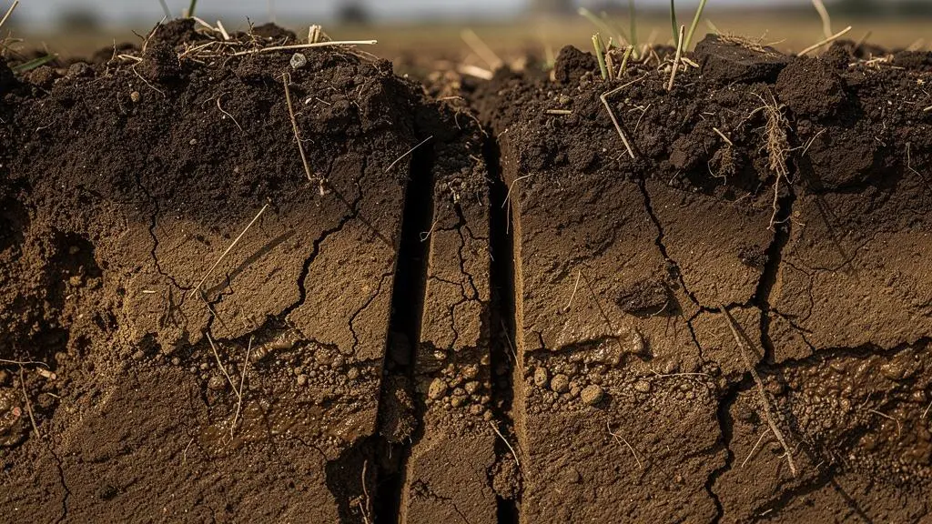 Profil de sol décompacté montrant les fissures verticales créées par les dents sans mélange des horizons