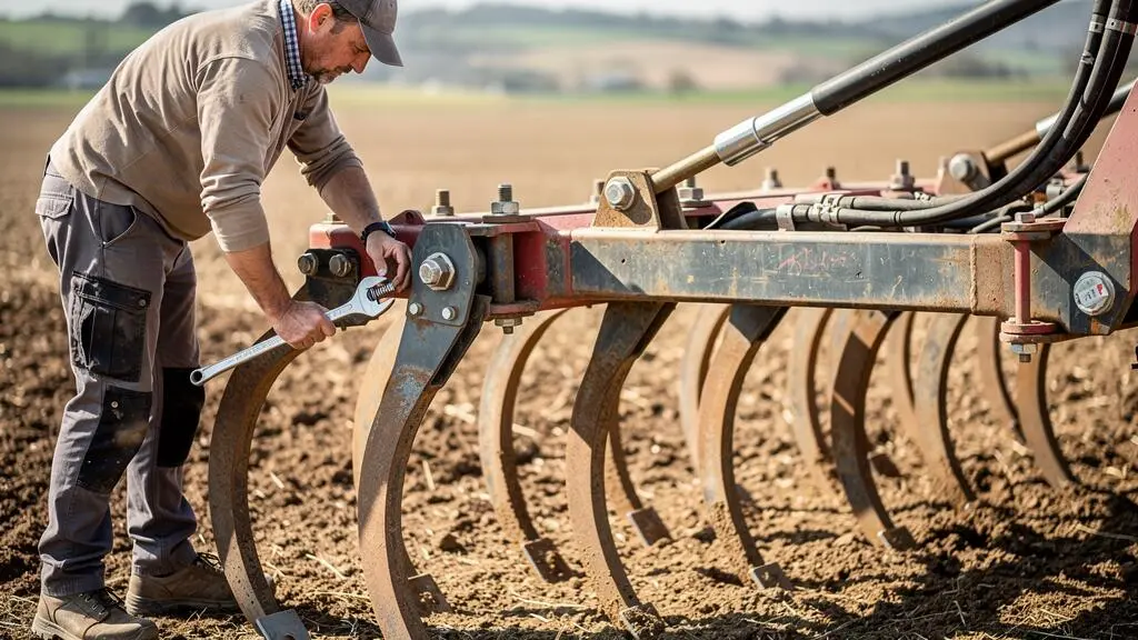 Agriculteur ajustant les réglages de profondeur des dents d'un décompacteur à l'aide d'une clé
