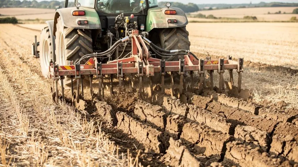 Tracteur tirant un décompacteur à dents multiples travaillant un champ agricole, les dents pénétrant visiblement le sol compacté